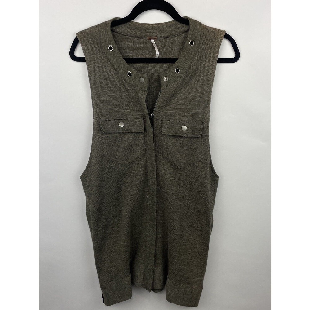 Free People Womens Slub-Knit Highway Cardigan Vest Olive Green Full Zip Sz Small